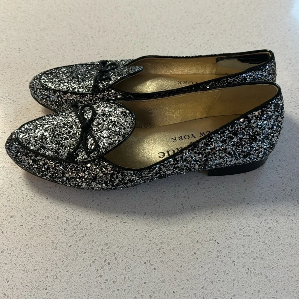 🍍 Kate Spade New York Black Silver Devi Glitter Loafer Slip On Shoes Round Toe